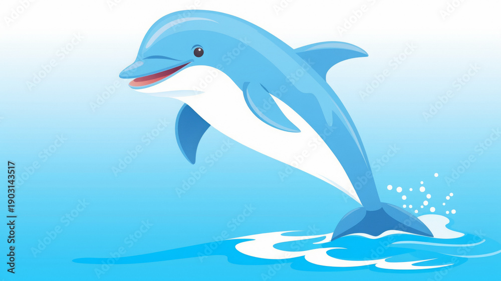 Obraz premium Cheerful 2D cartoon dolphin jumping joyfully out of bright blue splashing ocean water