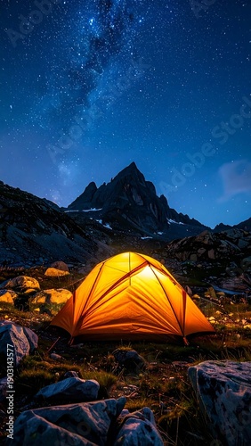 A glowing tent under the starry sky at mountain base surrounded by rocks
