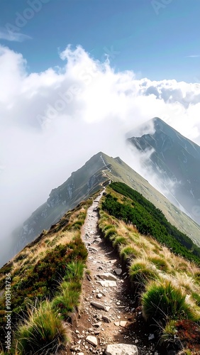 A narrow hiking path along a steep mountain ridge with surrounding clouds and fog