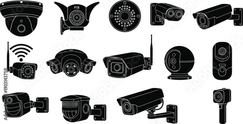 Comprehensive collection of black security camera silhouettes featuring infrared dome bullet and wireless smart monitoring systems for professional surveillance safety and home protection designs.