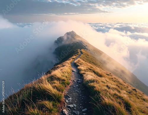 A narrow hiking path along a steep mountain ridge with surrounding clouds and fog