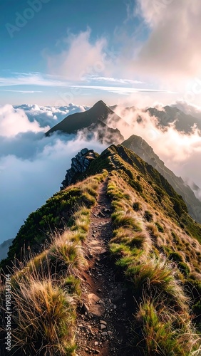 A narrow hiking path along a steep mountain ridge with surrounding clouds and fog