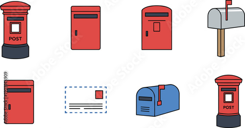 Postal Mailboxes and Letter Envelope Set Isolated on White Background Flat Vector Illustration