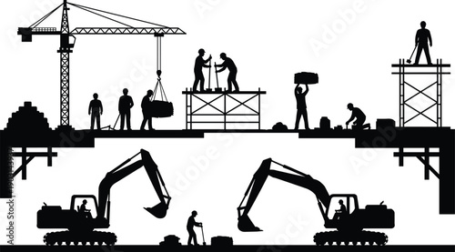 Construction site silhouette with workers, cranes and excavators illustrating building process, teamwork and heavy machinery operations, civil engineering, infrastructure development, 