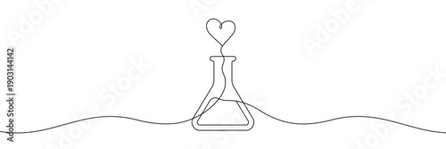 Continuous one line drawing of a chemistry flask with a heart for science passion. Single line drawing. Editable stroke. Doodle hand drawn vector illustration