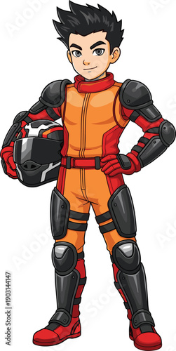 Cool cartoon racer character wearing futuristic racing suit and holding helmet, dynamic flat vector illustration for motorsport, speed concept, kids design, and gaming projects