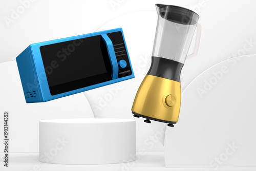 Set of microwave and blender floating above podium, minimal style, abstract background, modern kitchen appliances concept