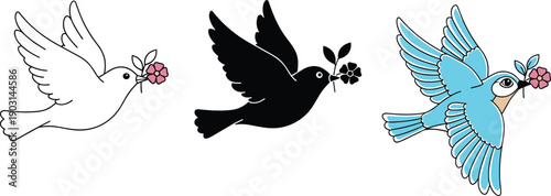 Flying dove illustration set with white, black and blue birds holding flowers, peace symbol vector collection isolated on white background for decorative design
