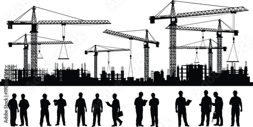 Panoramic silhouette vector illustration of industrial construction site with tower cranes and team of engineers and workers standing in a row for business