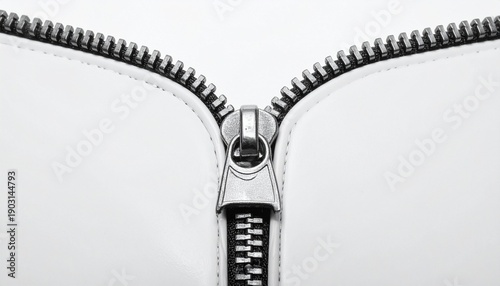 A close-up of a metal zipper partially opened on a clean white background, sharp focus on interlocking teeth and slider, minimalist macro composition, industrial texture, modern product detail, high-d