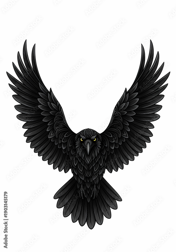 Fototapeta premium 漆黒のカラス、翼を広げた力強いシルエット