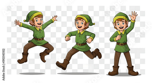 Cartoon elf character in various dynamic poses green outfit brown boots and hat jumping and waving on transparent background