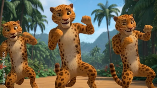 Three cartoon leopards dancing in a jungle setting, joyful animation