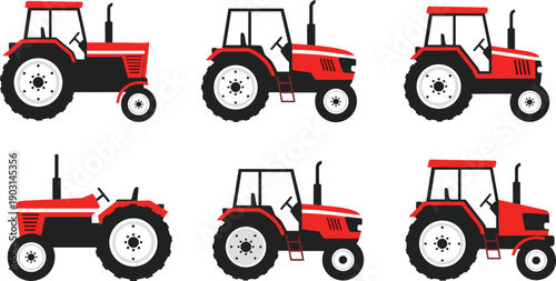 Set of red agricultural tractor illustrations showing different farming vehicles side views for agriculture industry, farm equipment design, rural machinery vector collection