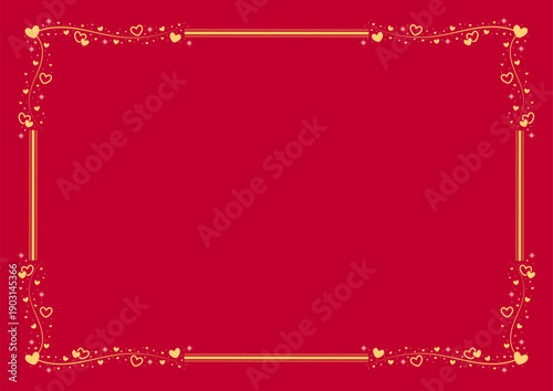 Yellow Gold Rectangular Border Frame Decorated With Love Hearts On Red Background