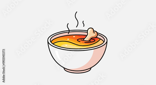 A cartoon illustration of a steaming hot bowl of delicious homemade soup with a large bone