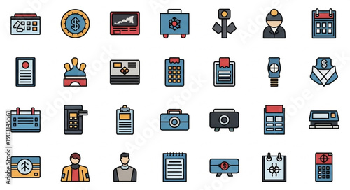 Collection of diverse icons representing various business and office elements.