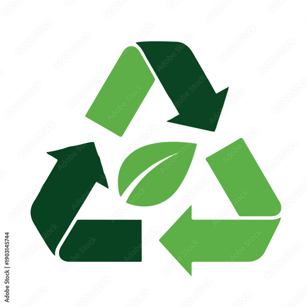 Fototapeta premium Green recycling symbol with a leaf in the center, representing environmental sustainability and eco-friendly practices