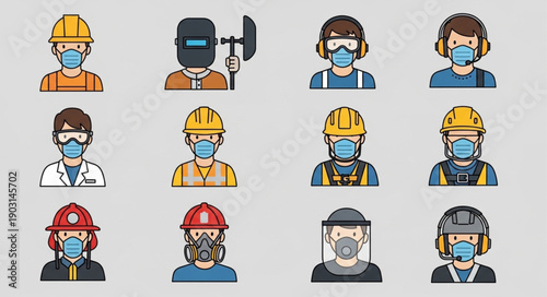 Collection of Diverse Industrial Workers Wearing Face Masks and Safety Gear.