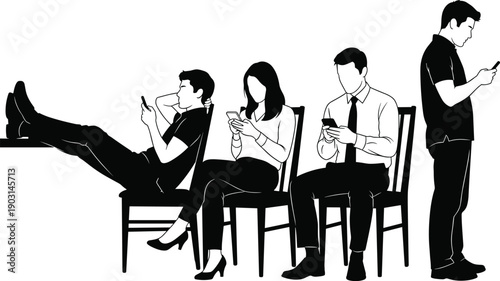 Silhouette illustration of people sitting and standing while using smartphones showing mobile addiction, digital communication, social media usage, modern lifestyle behavior, and technology