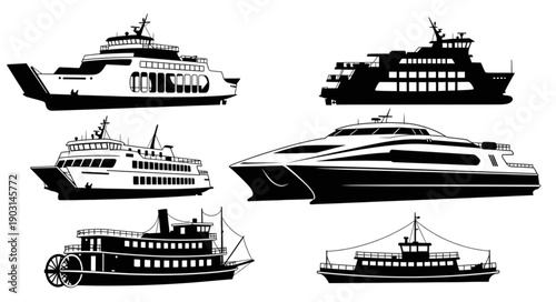 Collection of diverse ferry boat silhouettes for transportation and travel concepts.