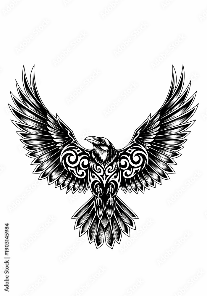Fototapeta premium カラスの白黒イラスト、装飾的な羽根の広がり