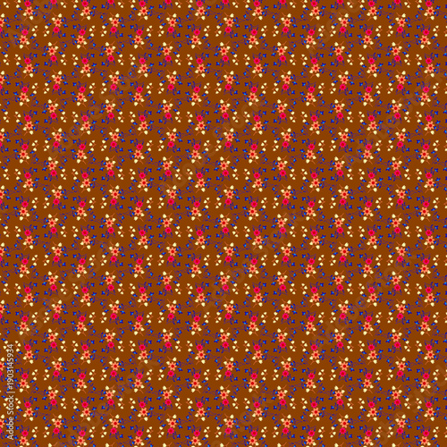 Simple summer floral, botanical, natural pattern Tiny colorful decorative flowers on a brown background Country, cottage, farmhouse style