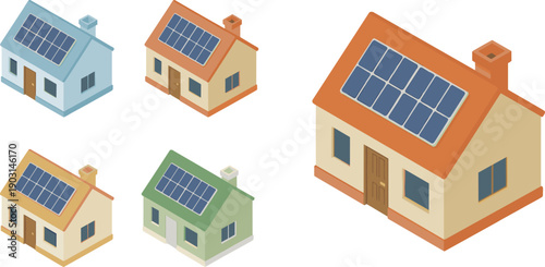 solar, eco, houses, renewable, energy, isometric, vector, illustration, green, home, panels, electricity, sustainable, technology, residential, architecture, modern, clean, power, collection