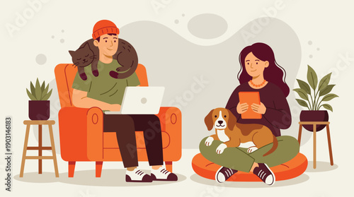 Cozy home illustration couple relaxing with cat dog pets using laptop tablet orange armchair scene