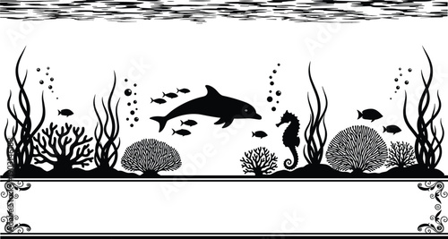Underwater ocean scene silhouette with fish dolphin seahorse coral and sea plants forming decorative marine life border isolated on white background illustration