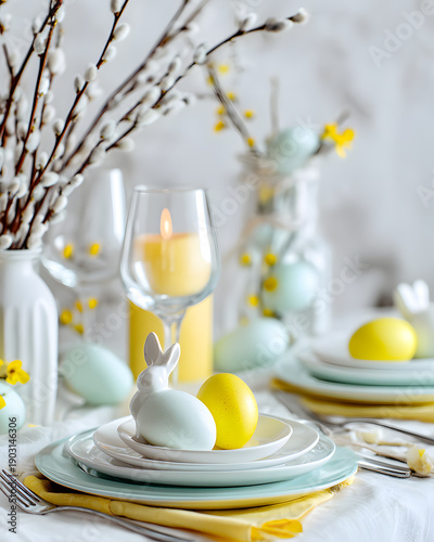 Spring celebration easter table setting with festive indoor food display