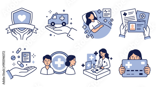 Healthcare illustration blue icons medical insurance ambulance nurse doctor patient documents treatment