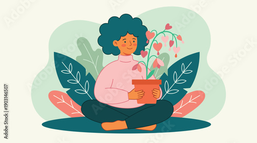 Woman illustration sitting meditation pink sweater holding heart plant flowers peaceful wellness garden