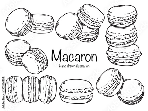 Set of hand drawn sweet Macaron outline drawing doodle illustration