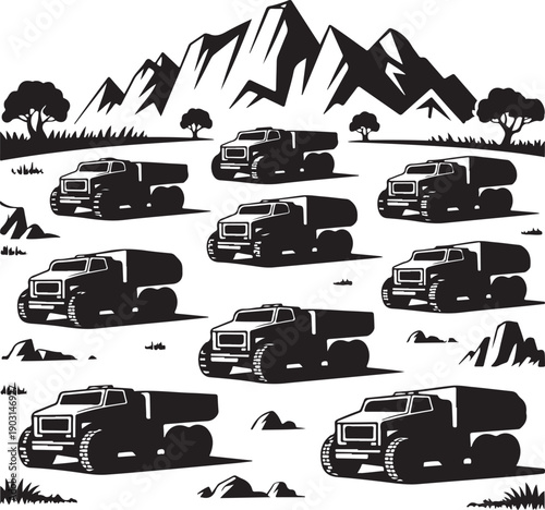 black and white illustration of dump trucks in a mountainous landscape