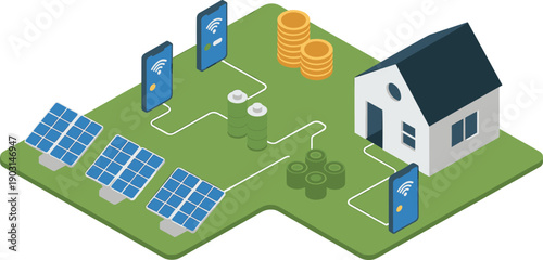 solar, smart, home, renewable, energy, technology, isometric, vector, illustration, house, panels, battery, electricity, eco, green, power, digital, system, sustainability, innovation