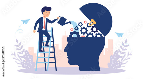 Businessman nurturing mental growth by watering gears inside giant head representing mind development