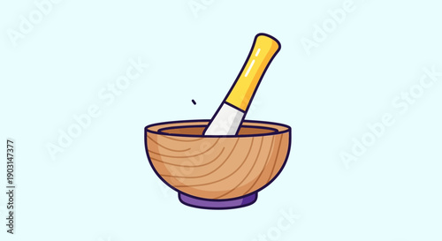 Cute cartoon illustration of a wooden mortar and pestle, ideal for cooking and pharmacy concepts