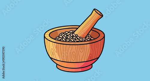 Traditional wooden mortar and pestle filled with grains on a clear blue background, kitchen tool