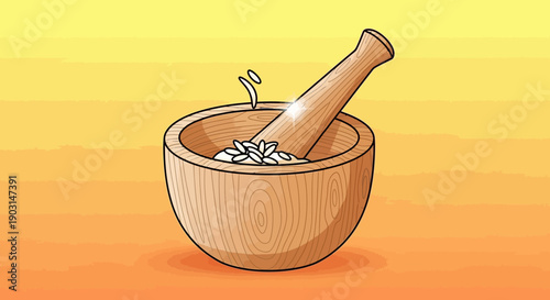 A vibrant illustration of a classic wooden mortar and pestle actively grinding white grains