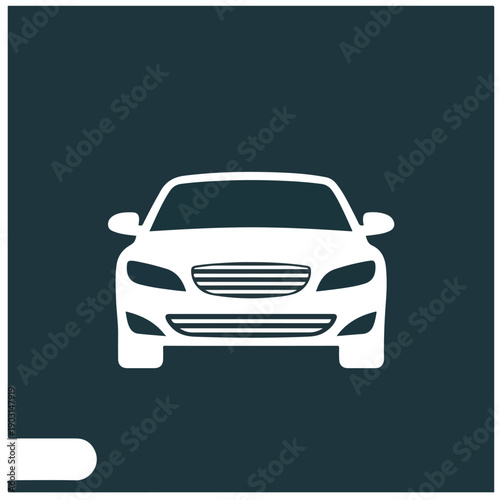 A front view illustration of a modern white car with a detailed grill, headlights, and front bumper on a dark teal background