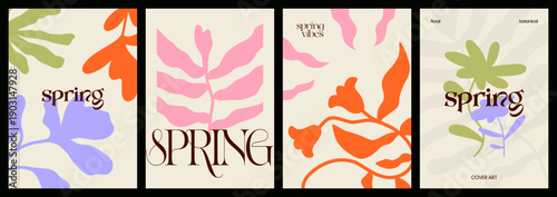 Abstract spring botanical cover set with colorful organic floral shapes