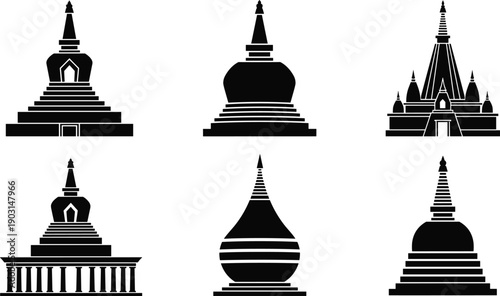 Collection of black Buddhist stupa and pagoda silhouettes isolated on white background, featuring various traditional religious temple architecture shapes for Asian culture and travel design.