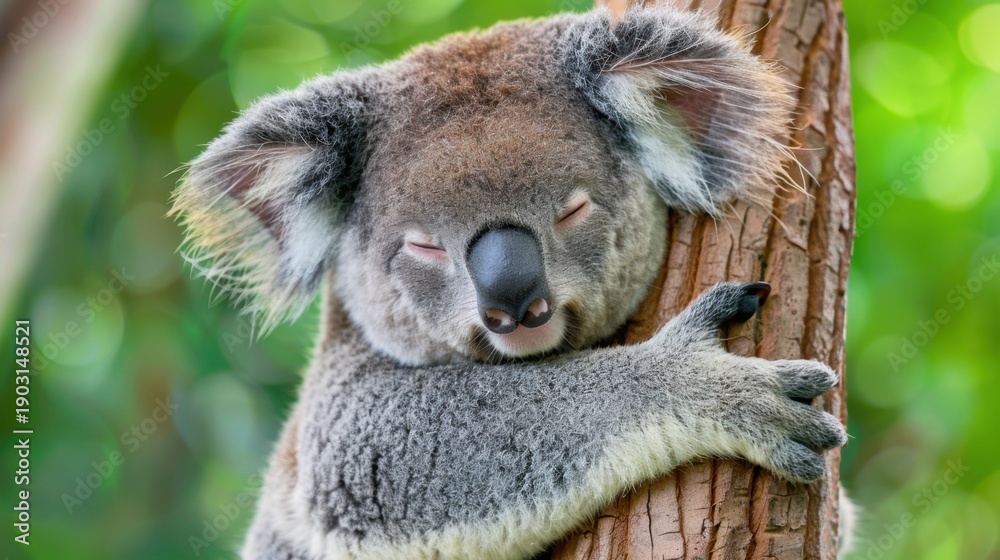 Fototapeta premium Close-up of a sleeping koala hugging a tree trunk in a lush green environment during daytime with soft natural light