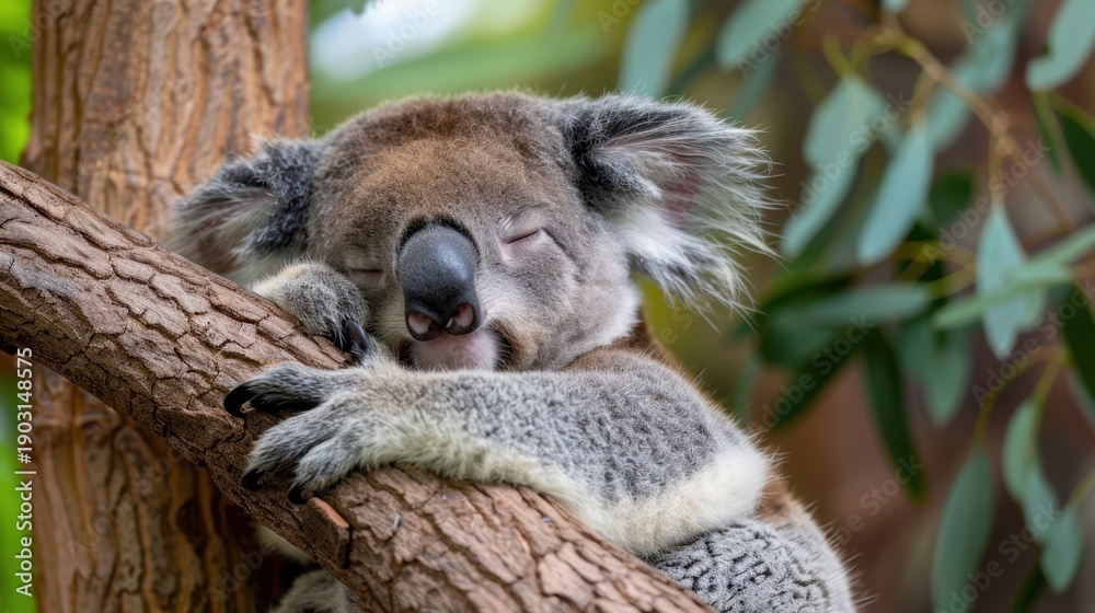 Obraz premium Koala Sleeping Peacefully on a Tree Branch in a Natural Habitat Surrounded by Greenery and Leaves
