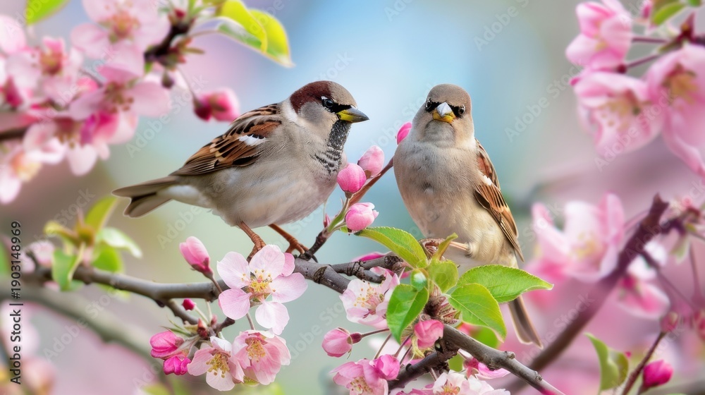 Fototapeta premium Two Sparrows Perched on Cherry Blossom Branch in Springtime Garden Setting
