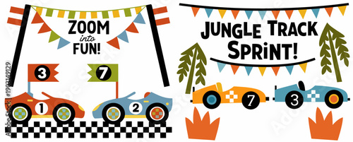 A colorful vector graphic illustration of racing cars and banners for a fun jungle themed event