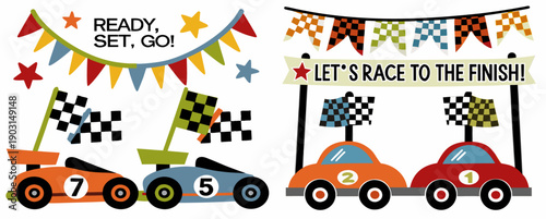 A colorful vector illustration of racing cars with checkered flags and banners