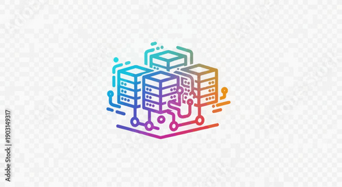 A vibrant gradient icon representing interconnected data servers, cloud computing, and advanced