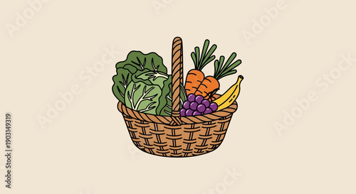 A delightful hand-drawn illustration featuring a rustic woven basket brimming with fresh, healthy